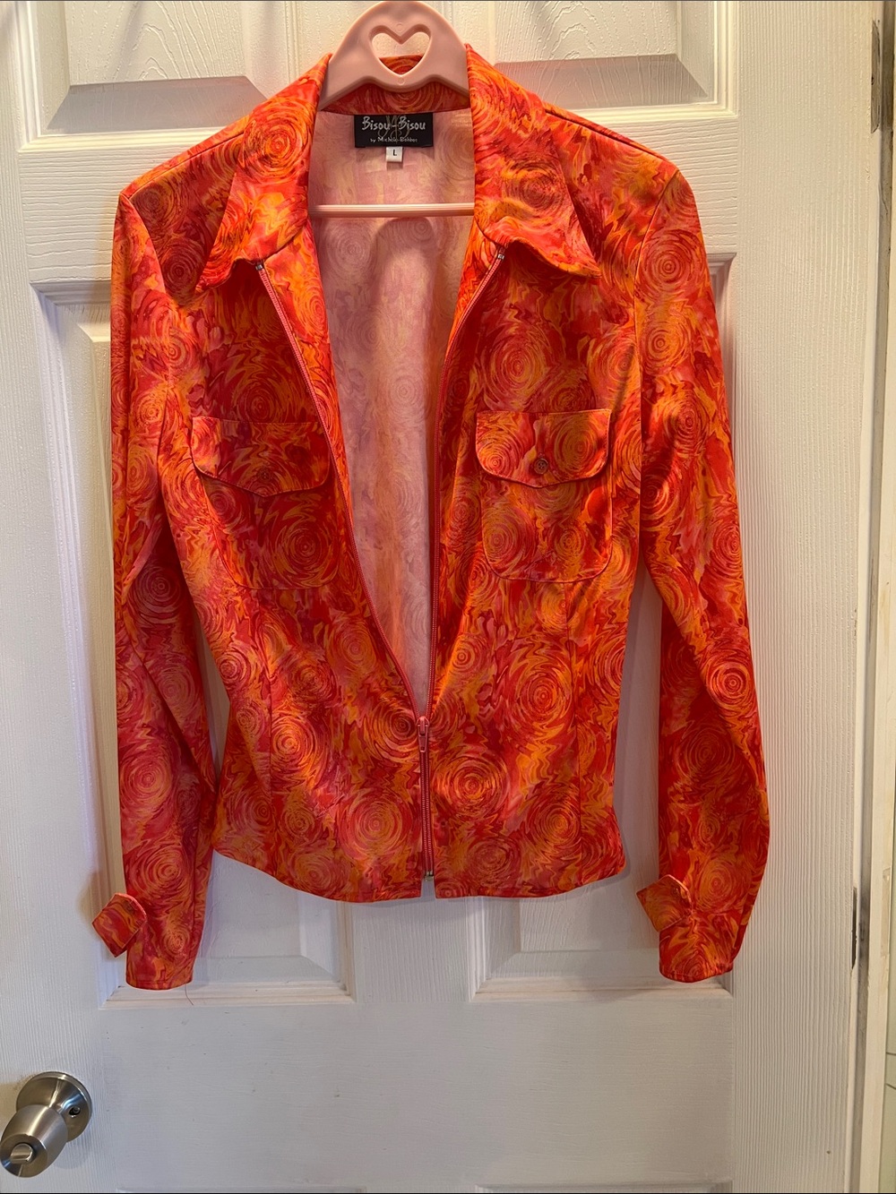 Bisou Bisou Orange Swirl Zip-Front Shirt